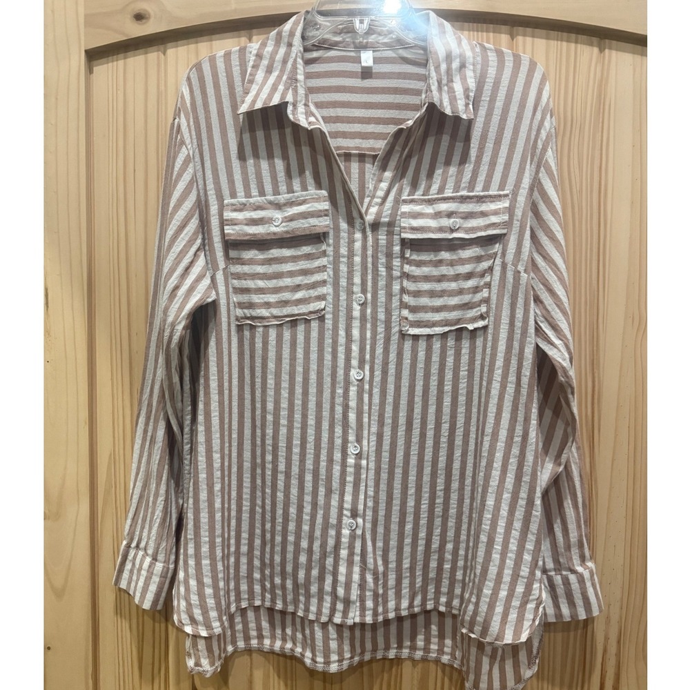 Tan White Striped Button Down Shirt Long Sleeve Cotton Rayon Blend Pockets L